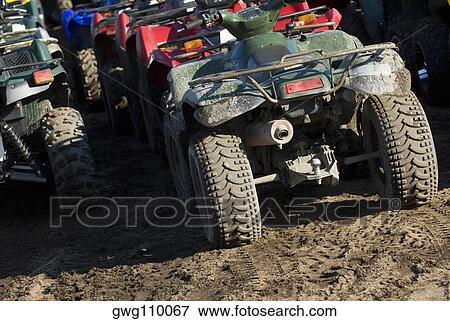 Quadbikes parked in a row View Large Photo Image Stock Photo - Quadbikes parked in a row. Fotosearch
