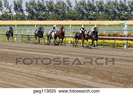 Stock Photography - Group of jockeys riding horses in a horse race. Fotosearch