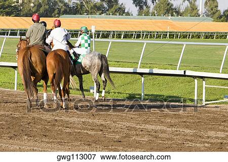 Rear view of four jockeys riding horses on a horseracing track View Large Photo Image Stock Photo - Rear view of four jockeys riding horses on a horseracing track. Fotosearch
