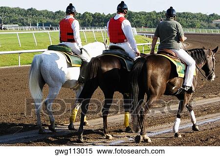 Rear view of three jockeys riding horses on a horseracing track View Large Photo Image Stock Photography - Rear view of three jockeys riding horses on a horseracing track. Fotosearch