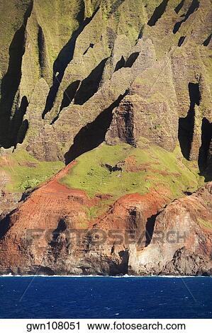 Stock Image - Sea in front of a cliff, Na Pali Coast, Kauai, Hawaii Islands, USA. Fotosearch