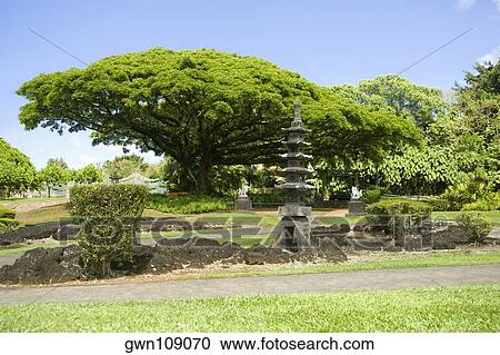 Stock Image - Structure at the roadside, Liliuokalani Park and Gardens, Hilo, Big Island, Hawaii Islands, USA. Fotosearch
