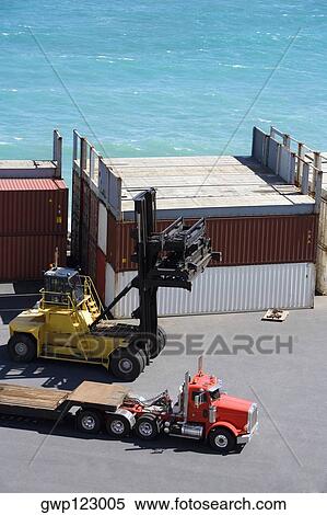 High angle view of a semi-truck and a forklift at a commercial dock View Large Photo Image Stock Photography - High angle view of a semi-truck and a forklift at a commercial dock. Fotosearch