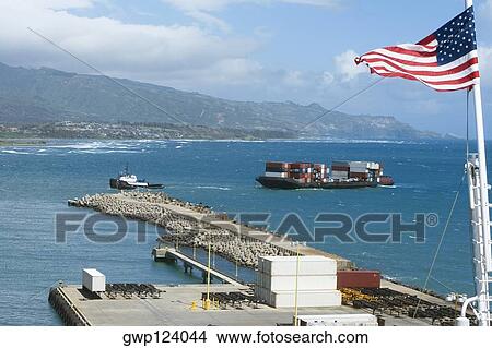 American flag at a commercial dock View Large Photo Image Picture - American flag at a commercial dock. Fotosearch