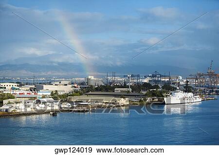 Stock Photo - Container ship moored at a dock, Honolulu, Oahu, Hawaii Islands, USA. Fotosearch