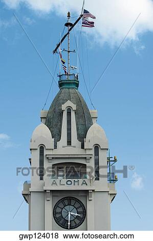 Stock Photo - Low angle view of a building, Aloha Tower, Honolulu, Oahu, Hawaii Islands, USA. Fotosearch