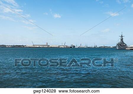 Stock Photo - Military ship in the sea, USS Arizona Memorial, Pearl Harbor, Honolulu, Oahu, Hawaii Islands, USA. Fotosearch