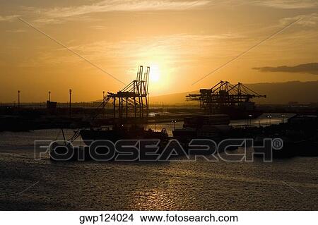 Picture - Silhouette of a container ship and cranes at a commercial dock. Fotosearch