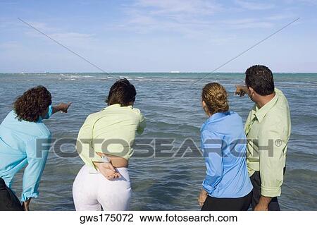 Rear view of two mid adult couples pointing towards waves View Large Photo Image Stock Image - Rear view of two mid adult couples pointing towards waves. Fotosearch