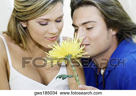 Picture - Close-up of a young couple smelling a flower. Fotosearch