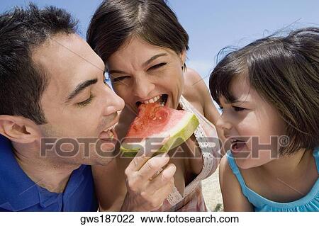 Mid adult couple eating a slice of watermelon with their daughter beside them View Large Photo Image Stock Image - Mid adult couple eating a slice of watermelon with their daughter beside them. Fotosearch