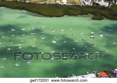 Stock Image - Aerial view of sailboats in the sea, Florida Keys, Florida, USA. Fotosearch