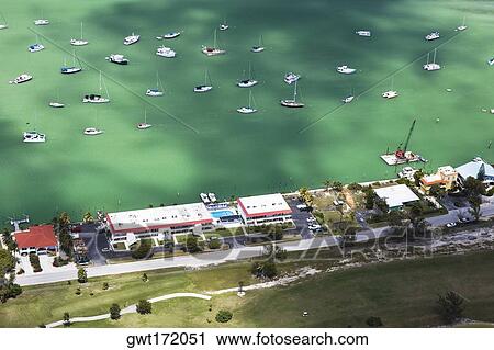 Stock Image - Aerial view of tourist resorts along the sea, Florida Keys, Florida, USA. Fotosearch