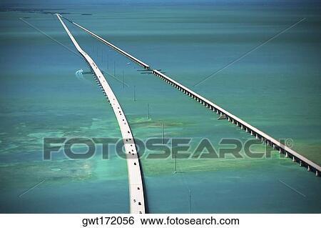 Stock Photograph - Aerial view of two bridges over the sea, Florida Keys, Florida, USA. Fotosearch