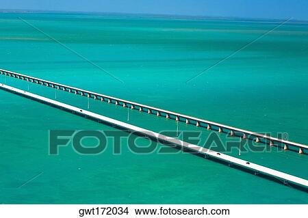 Picture - High angle view of two bridges over the sea, Florida Keys, Florida, USA. Fotosearch