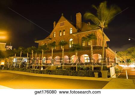 Low angle view of a museum lit up at night, Key West Museum Of Art And History, Key West, Florida, USA View Large Photo Image Stock Image - Low angle view of a museum lit up at night, Key West Museum Of Art And History, Key West, Florida, USA. Fotosearch