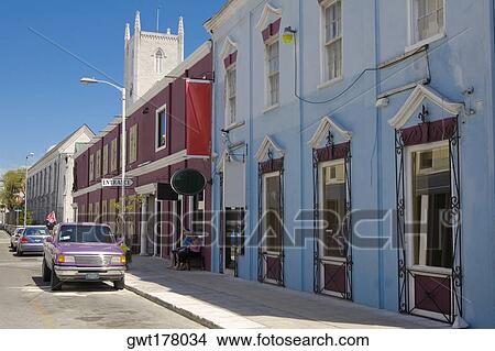 Picture - Cars parked at the roadside, Bay Street, Nassau, Bahamas. Fotosearch