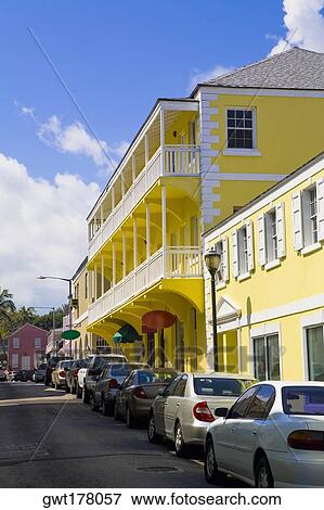 Stock Photo - Cars parked in front of a building, Bay Street, Nassau, Bahamas. Fotosearch