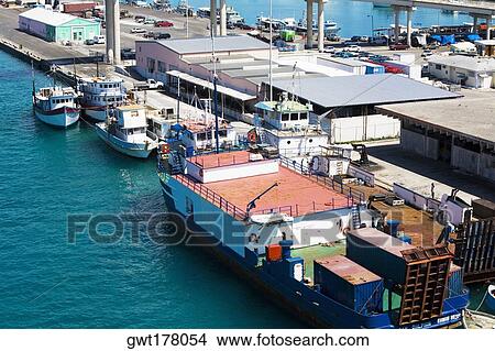 High angle view of a commercial dock, Potter's Cay, Nassau, Bahamas View Large Photo Image Picture - High angle view of a commercial dock, Potter's Cay, Nassau, Bahamas. Fotosearch