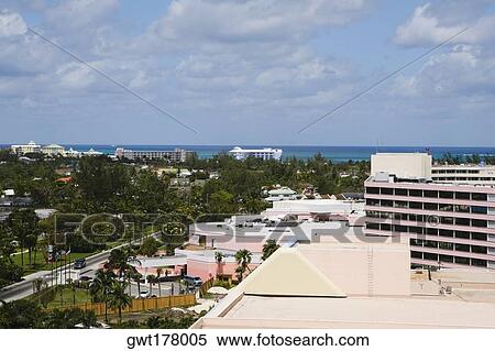 Stock Photography - High angle view of buildings, Cable Beach, Nassau, Bahamas. Fotosearch