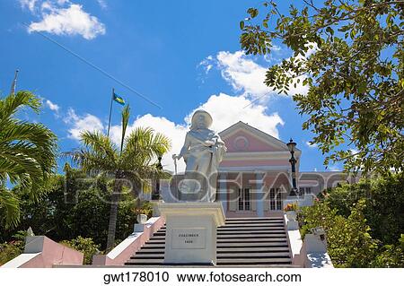 Stock Image - Statue in front of a building, Christopher Columbus Statue, Government House, Nassau, Bahamas. Fotosearch
