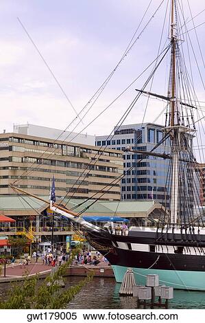 Stock Photography - Tall ship moored at a harbor, USS Constellation, Inner Harbor, Baltimore, Maryland, USA. Fotosearch