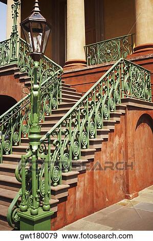 Lamppost near a staircase, Charleston, South Carolina, USA View Large Photo Image Stock Photo - Lamppost near a staircase, Charleston, South Carolina, USA. Fotosearch
