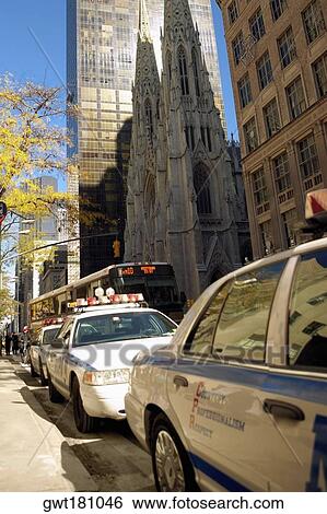 Stock Photograph - Cars parked at the roadside, St. Patrick's Cathedral, Manhattan, New York City, New York State, USA. Fotosearch