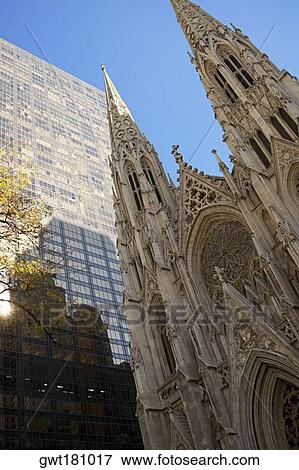 Stock Photo - Low angle view of a church, St. Patrick's Cathedral, Manhattan, New York City, New York State, USA. Fotosearch
