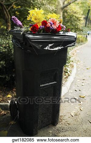 Bunch of flowers on a garbage bin, Central Park, Manhattan, New York City, New York State, USA View Large Photo Image Stock Photography - Bunch of flowers on a garbage bin, Central Park, Manhattan, New York City, New York State, USA. Fotosearch