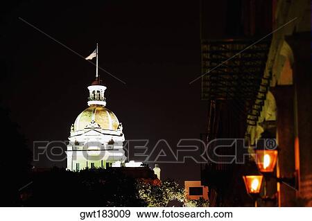 Government building lit up at night, Town Hall, Savannah, Georgia, USA View Large Photo Image Stock Photo - Government building lit up at night, Town Hall, Savannah, Georgia, USA. Fotosearch