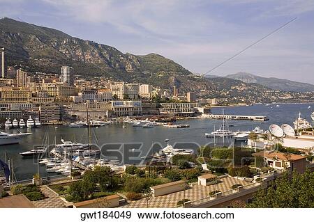 High angle view of boats docked at a harbor, Port of Fontvieille, Monte Carlo, Monaco View Large Photo Image Stock Photo - High angle view of boats docked at a harbor, Port of Fontvieille, Monte Carlo, Monaco. Fotosearch