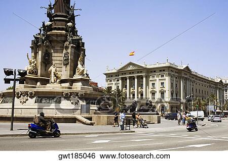 Monument in front of a building, Christopher Columbus, Barcelona, Spain View Large Photo Image Stock Photograph - Monument in front of a building, Christopher Columbus, Barcelona, Spain. Fotosearch