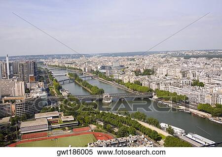 Stock Photography - High angle view of a river passing through a city, Seine River, Paris, France. Fotosearch