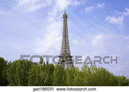 Stock Image - Trees in front of a tower, Eiffel Tower, Paris, France. Fotosearch