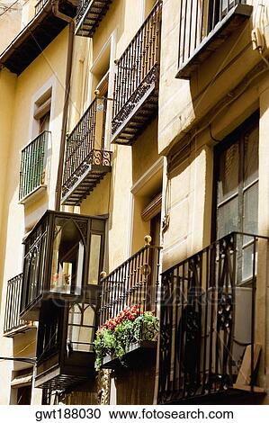 Stock Image - Balconies of a building, Toledo, Spain. Fotosearch