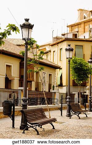 Park Benches Near Lampposts Toledo Spain Stock Photo Gwt188037