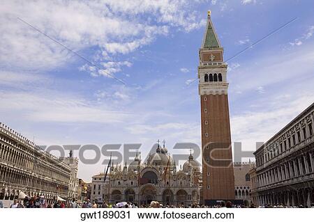 Stock Image - Low angle view of a bell tower, St. Mark's Cathedral, St. Mark's Square, Venice, Italy. Fotosearch
