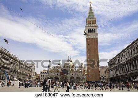 Low angle view of a bell tower, St. Mark's Cathedral, St. Mark's Square, Venice, Italy View Large Photo Image Stock Photo - Low angle view of a bell tower, St. Mark's Cathedral, St. Mark's Square, Venice, Italy. Fotosearch
