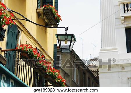 Low angle view of a lantern and window boxes, Venice, Italy View Large Photo Image Stock Photo - Low angle view of a lantern and window boxes, Venice, Italy. Fotosearch