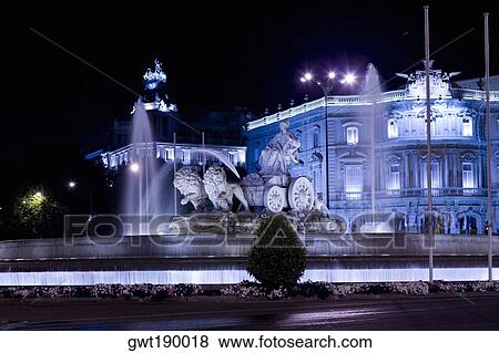 Fountain in front of a palace lit up at night, Cibeles Fountain, Palacio de Linares, Plaza de Cibeles, Madrid, Spain View Large Photo Image Stock Photo - Fountain in front of a palace lit up at night, Cibeles Fountain, Palacio de Linares, Plaza de Cibeles, Madrid, Spain. Fotosearch