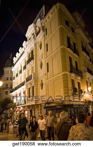 Low angle view of a hotel lit up at night, Madrid, Spain View Large Photo Image Stock Photo - Low angle view of a hotel lit up at night, Madrid, Spain. Fotosearch