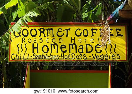 Stock Image - Close-up of a restaurant signboard, Pololu Valley, Kohala, Big Island, Hawaii Islands, USA. Fotosearch