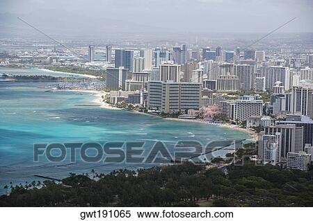 High angle view of buildings at the coast, Diamond Head, Waikiki Beach, Honolulu, Oahu, Hawaii Islands, USA View Large Photo Image Stock Photography - High angle view of buildings at the coast, Diamond Head, Waikiki Beach, Honolulu, Oahu, Hawaii Islands, USA. Fotosearch