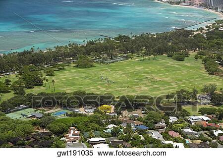Stock Photography - High angle view of trees along a coast, Diamond Head, Waikiki Beach, Honolulu, Oahu, Hawaii Islands, USA. Fotosearch