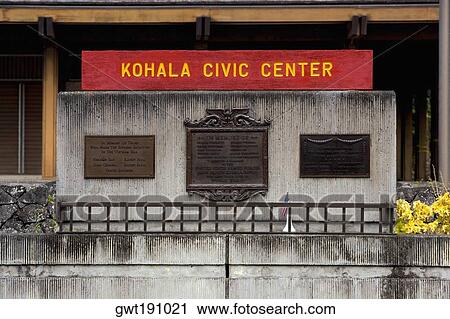 Stock Image - Information board on a building, Kohala Civic Center, Kapaau, Big Island, Hawaii Islands, USA. Fotosearch