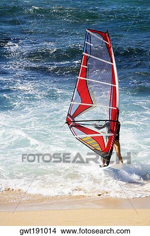 Man windsurfing in the sea, Hookipa Beach, Maui, Hawaii Islands, USA View Large Photo Image Picture - Man windsurfing in the sea, Hookipa Beach, Maui, Hawaii Islands, USA. Fotosearch