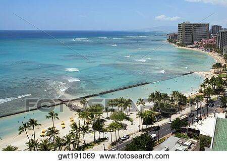 Vista Aerea Di Palmizi Spiaggia Spiaggia Waikiki Honolulu Oahu Isole Hawaii Stati Uniti Archivio Fotografico