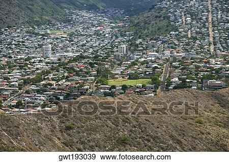Stock Photo - Aerial view of a cityscape, Diamond Head, Waikiki Beach, Honolulu, Oahu, Hawaii Islands, USA. Fotosearch