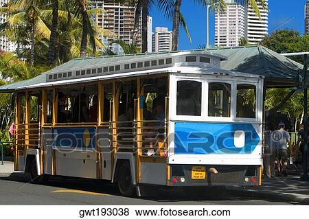 Stock Photo - Bus parked at the roadside, Honolulu, Oahu, Hawaii Islands, USA. Fotosearch